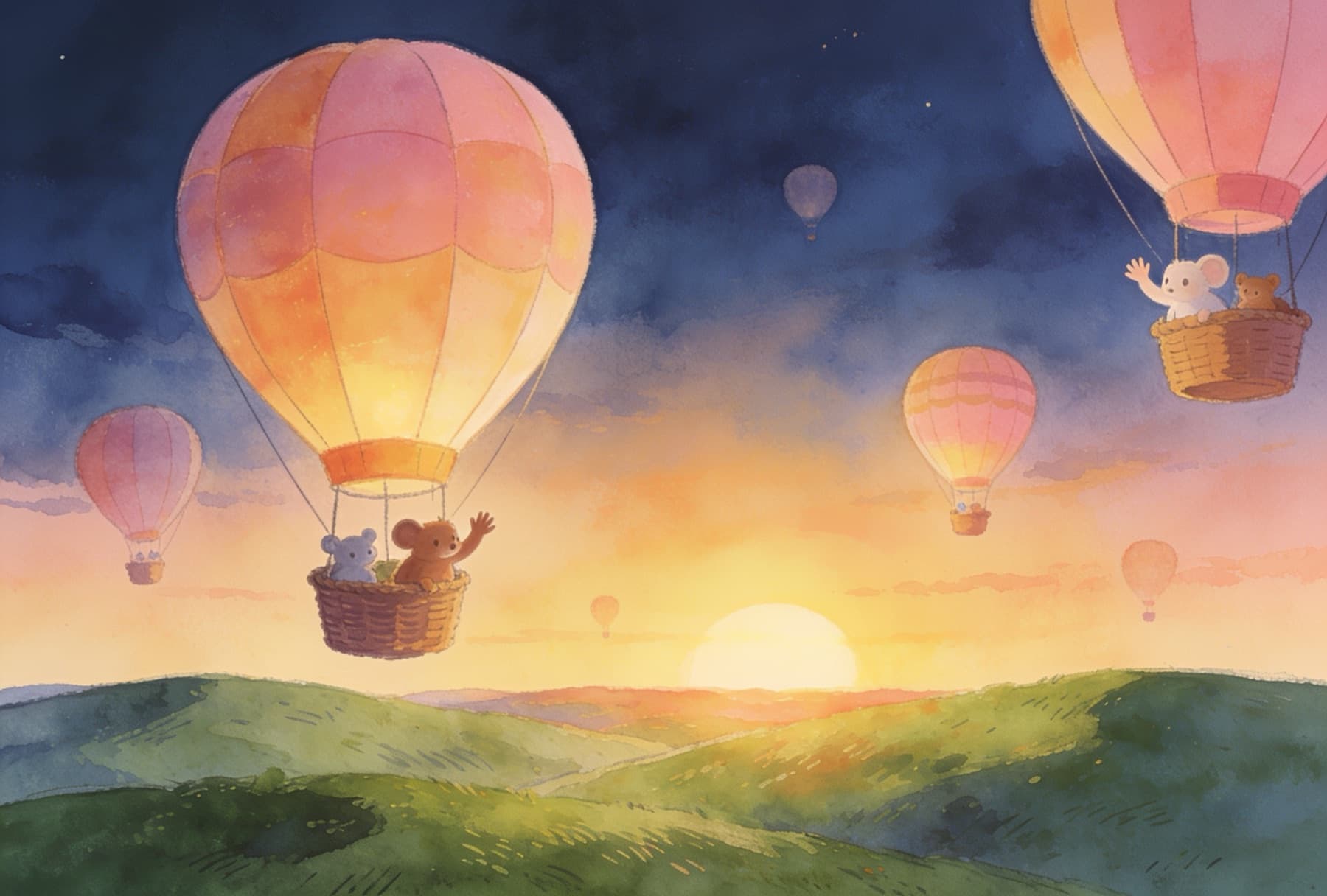 Storybook mural of pastel hot-air balloons with small animals drifting over rolling hills at sunrise