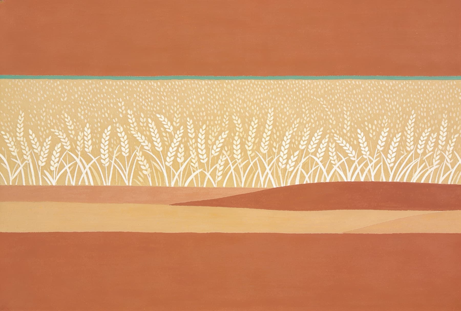 Minimal mural of horizontal bands in clay, oat and terracotta with a thin sage line