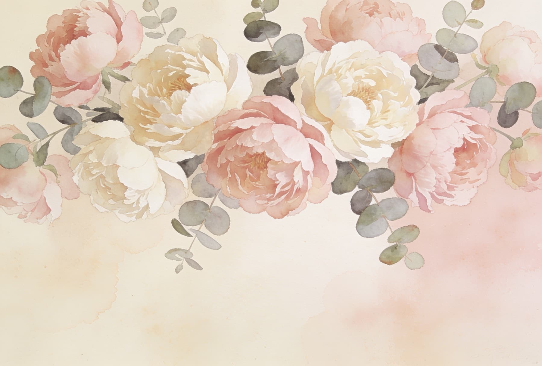 Airy watercolour mural of blush and cream peonies with eucalyptus