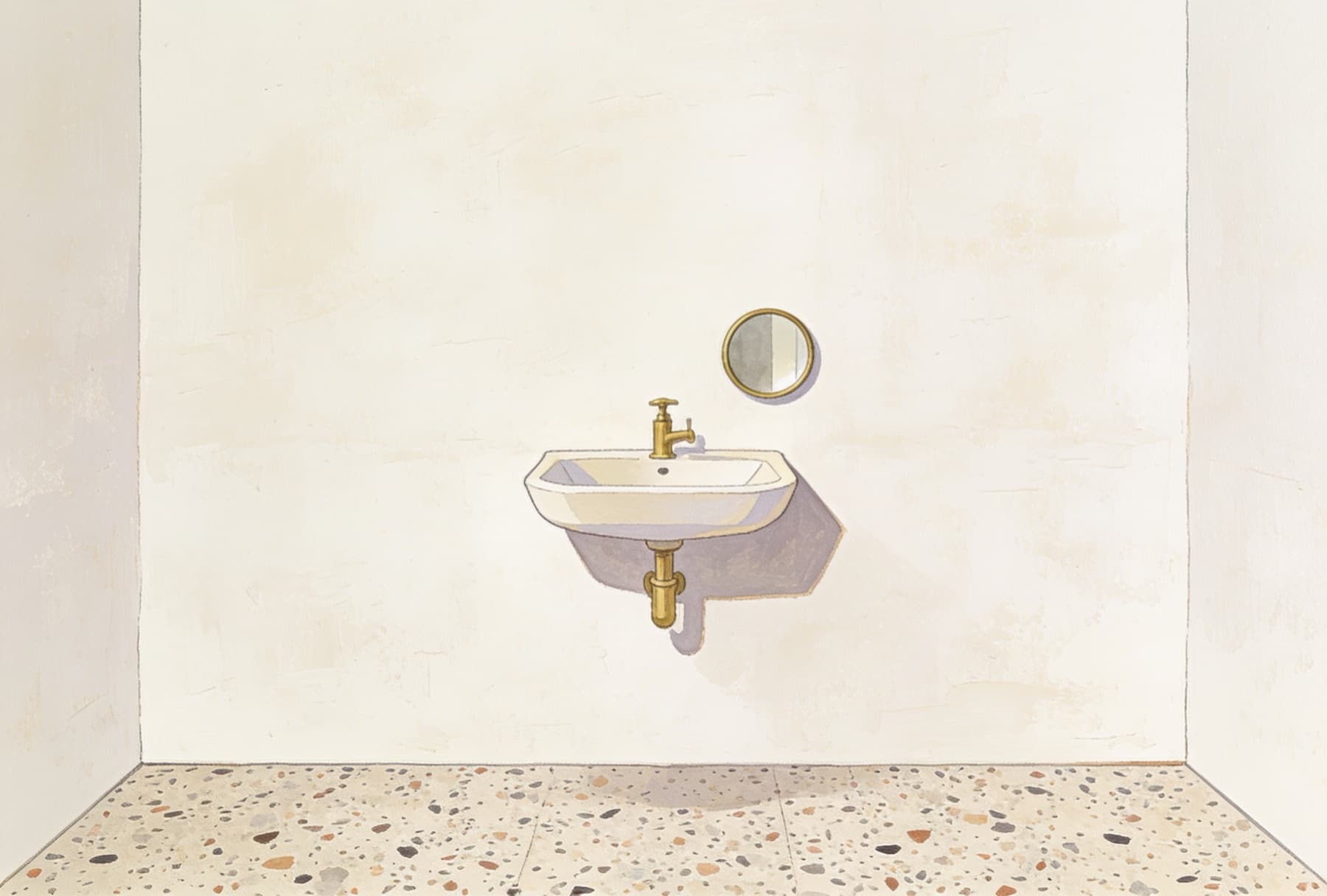 A drawn powder room with a wall-hung basin, brass tap and round mirror on a blank wall