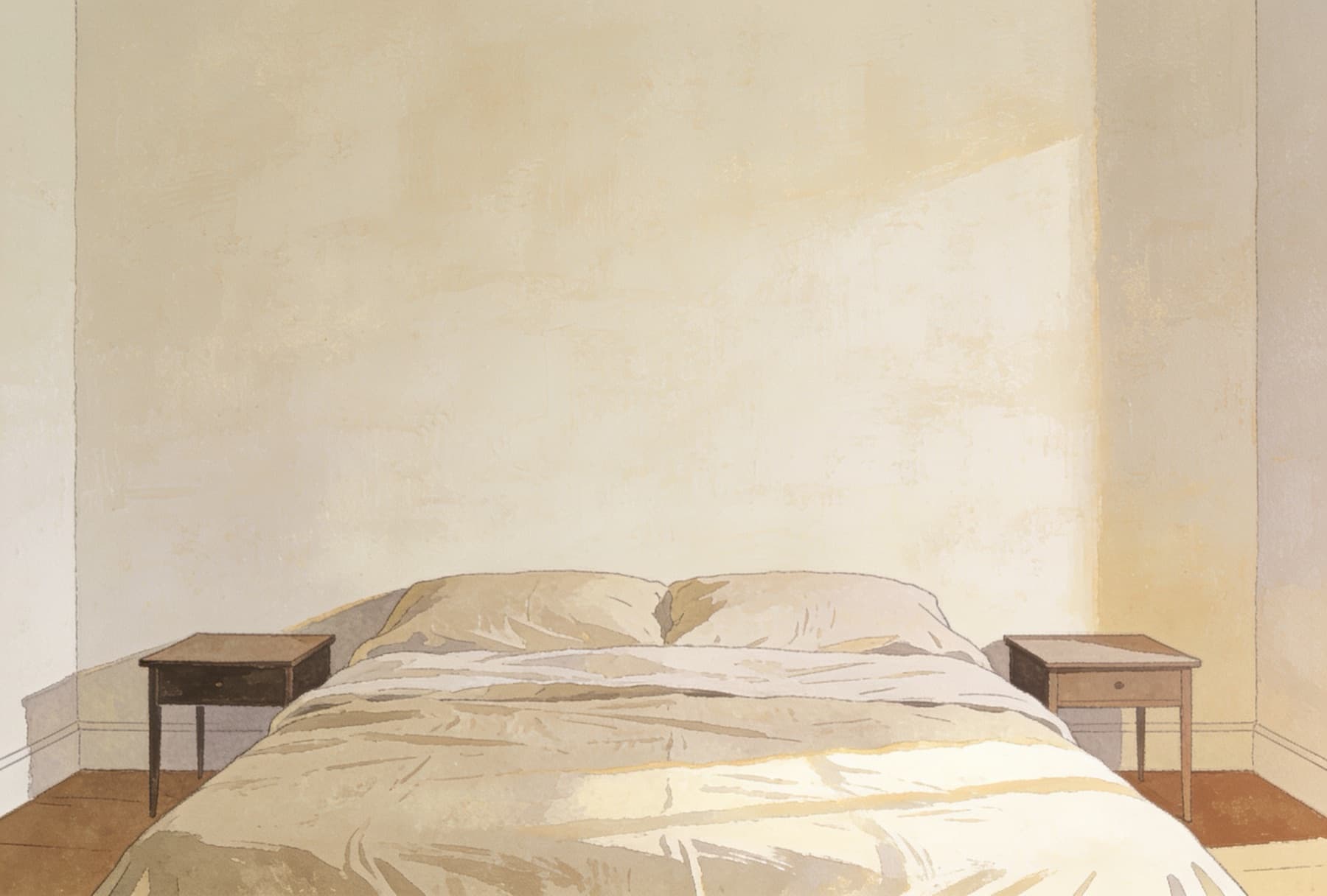 A drawn bedroom with a low linen bed and two side tables in front of a blank wall