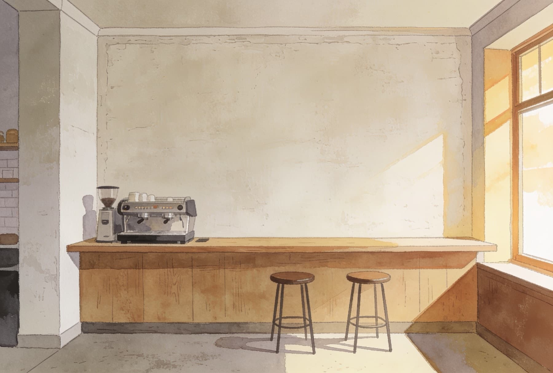 A drawn café with a wooden counter, espresso machine and two stools in front of a blank wall
