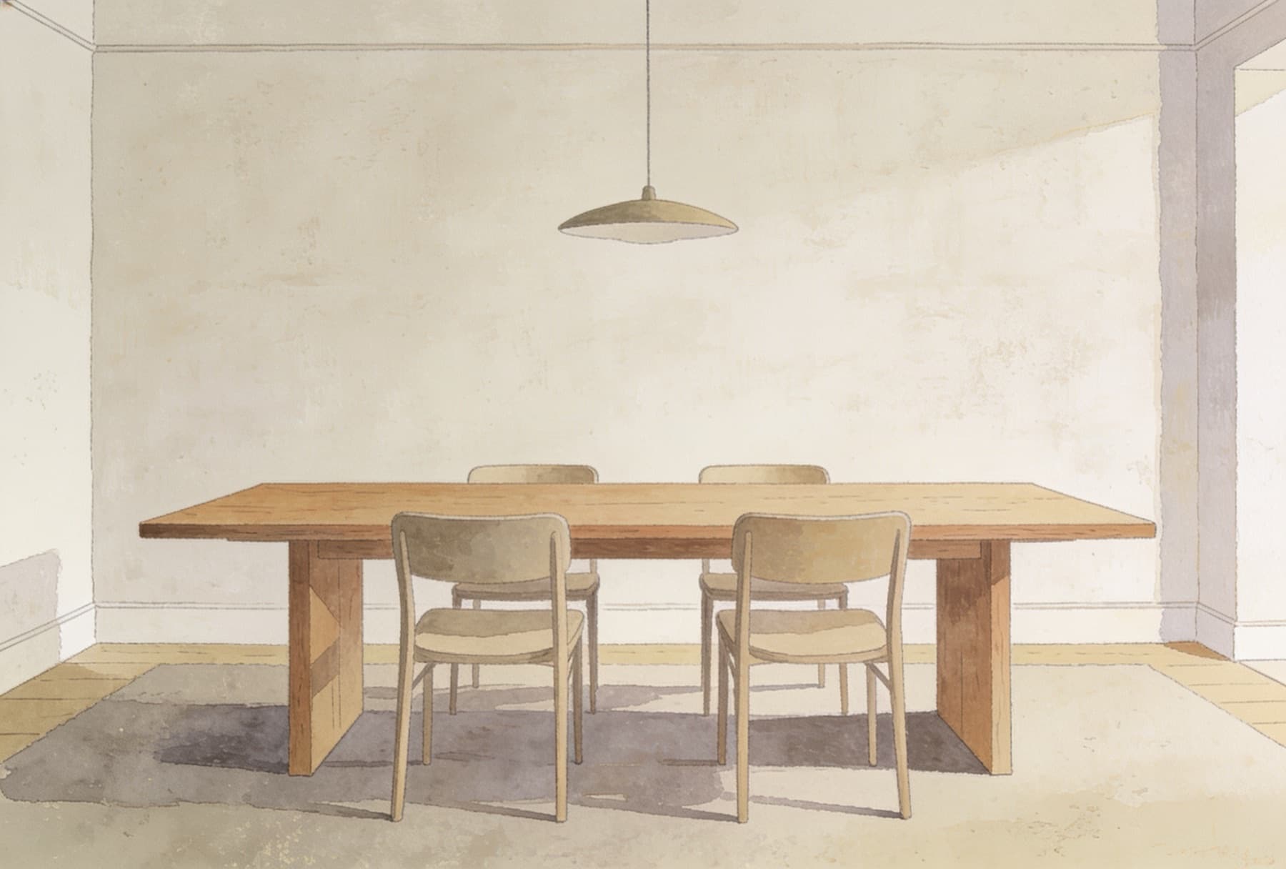 A drawn dining room with a long oak table, four chairs and a low pendant in front of a blank wall