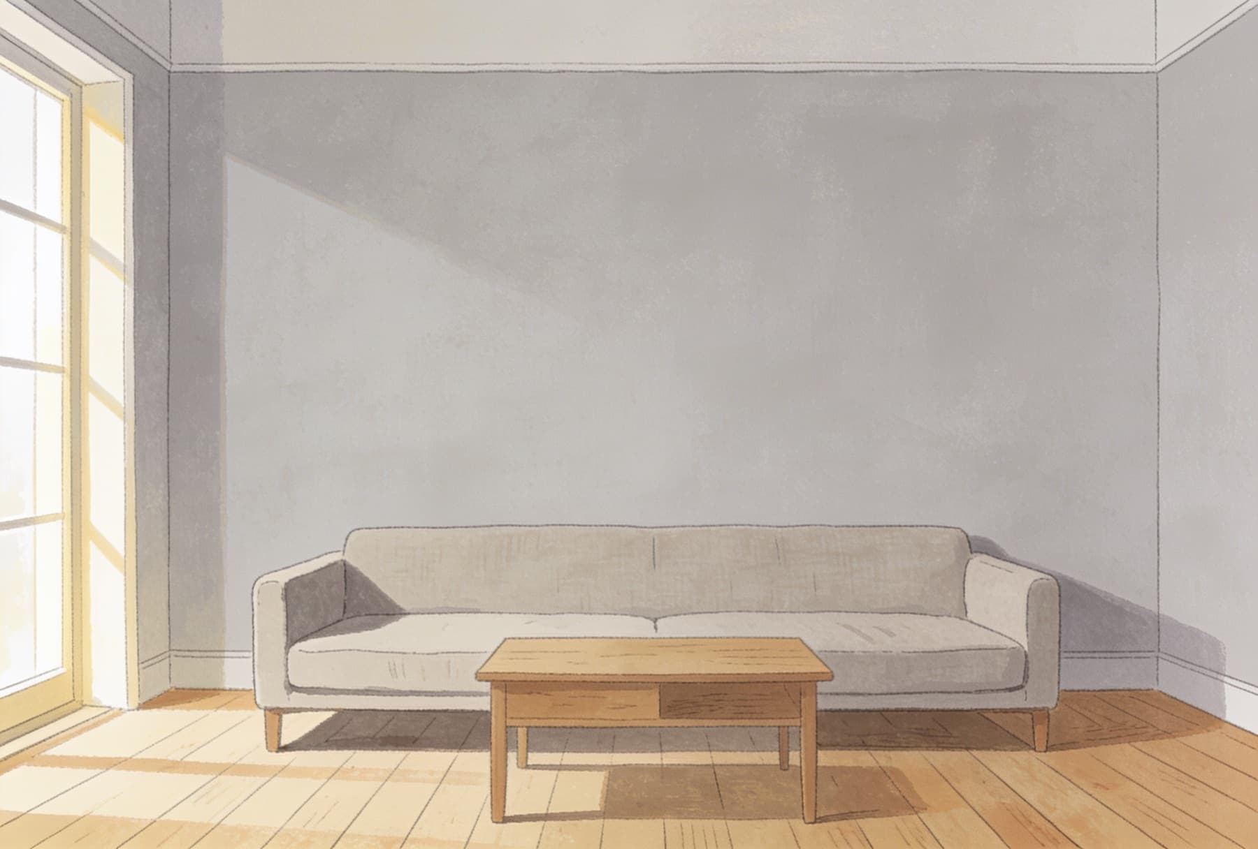 A drawn living room with a linen sofa and a low oak table in front of a blank wall