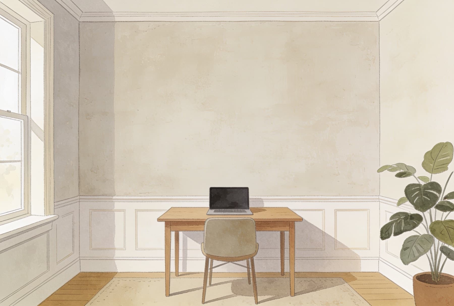 A drawn home office with a wooden desk, a laptop and a chair below a blank wall above the panelling